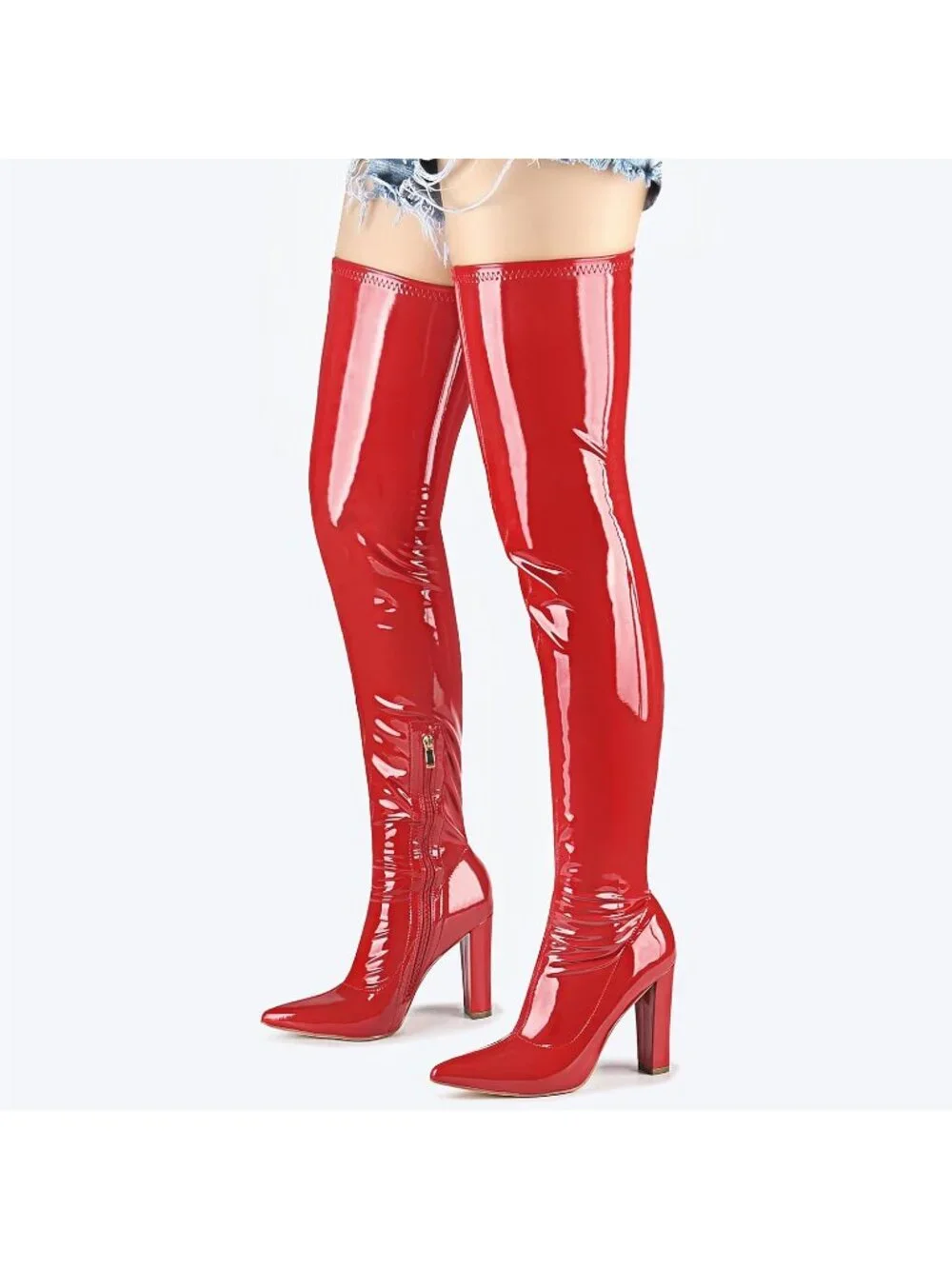 Women's Red Patent Leather Pointed Toe Chunky Heel  Over The Knee Gogo Boots